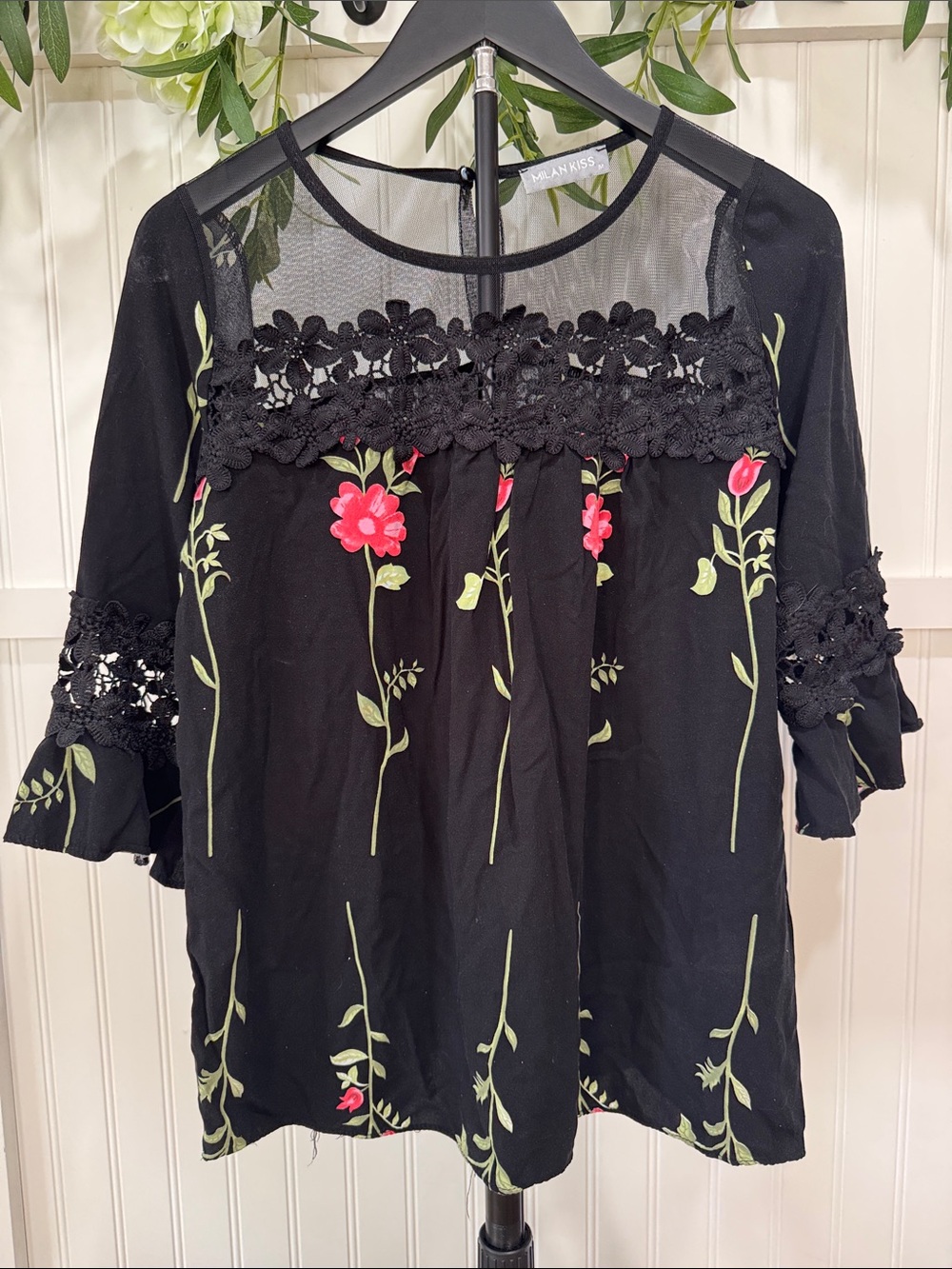 #430 MILAN KISS Black Floral Embroidered Lace Yoke Blouse